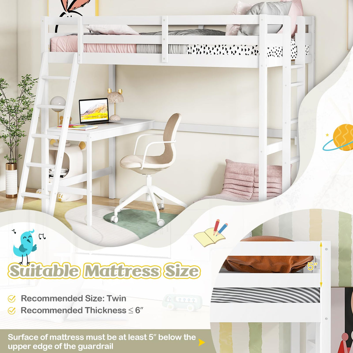 KOMFOTT Solid Wood Twin Loft Bed with Integrated Study Desk and Dual Ladders - Space-Saving Design for Teens and Adults (White) KOMFOTT