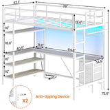 Loft Bed Twin Size with L-Shaped Desk and Storage Shelves, Metal Loft Bed Frame with Power Outlet, LED Lights, 3 Fabric Drawers, Metal Mesh, Space-Saving, No Box Spring Needed, White MSmask