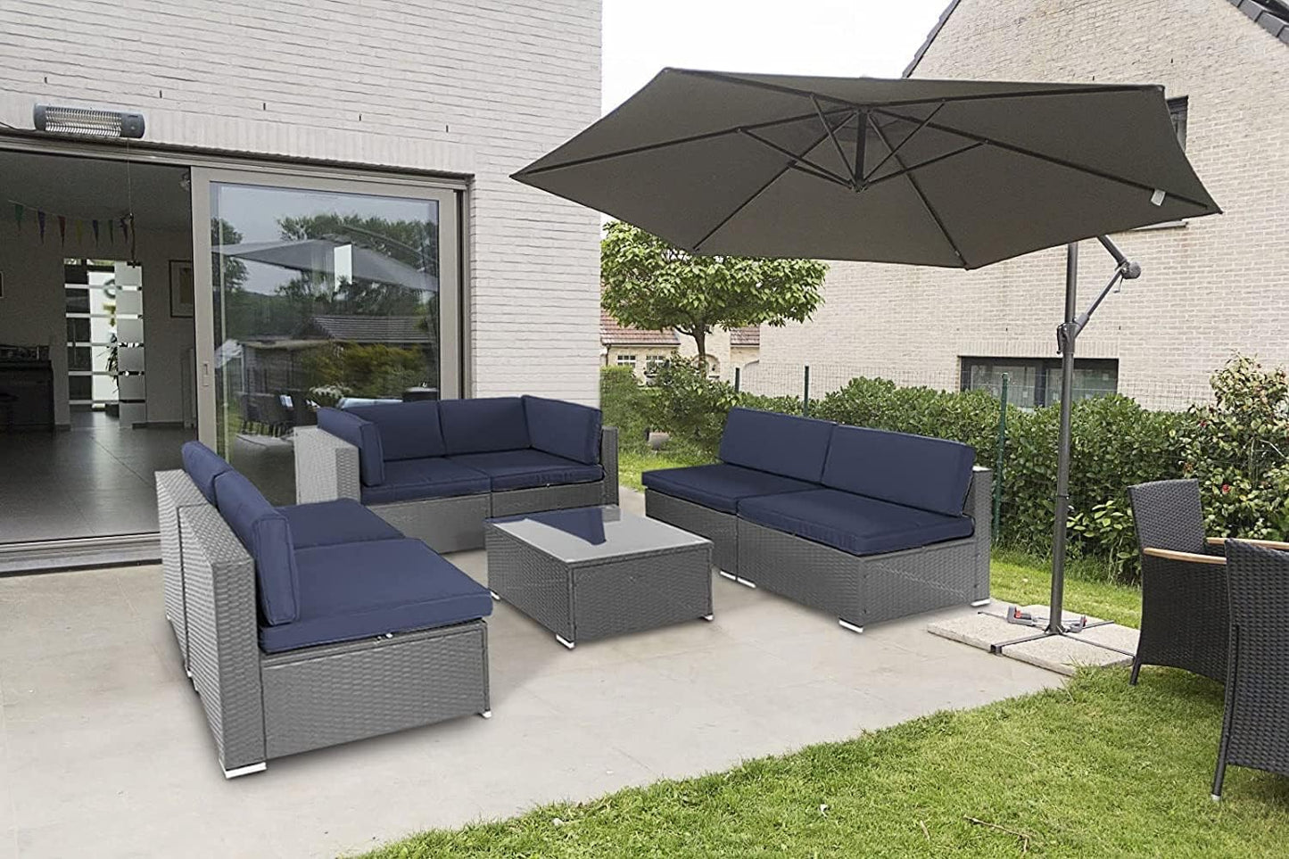 Oakcloud 7-Piece Outdoor Patio Furniture Set Grey Rattan Wicker Sectional Sofa Conversation Sets with Cushions and Glass Top Table (Dark Blue) - WoodArtSupply