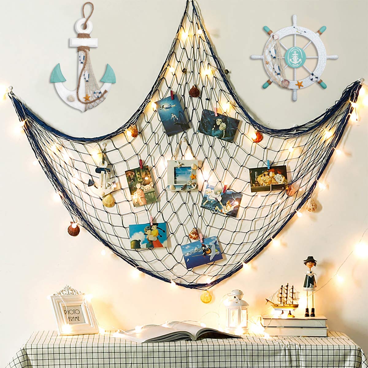 2 Pack 11" Nautical Beach Wooden Ship Wheel and 13" Wood Anchor with Rope Nautical Boat Steering Wheel Rudder Anchor Wall Decor Door Hanging Ornament Beach Theme Home Decoration(White&Green) Meching