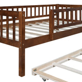 Twin Size Bed Frame with Trundle and Fence Guardrails, Wooden Montessori Style Kids Beds with Slats Support, Dual-use Daybed for Bedroom and Living Room, Walnut Bellemave