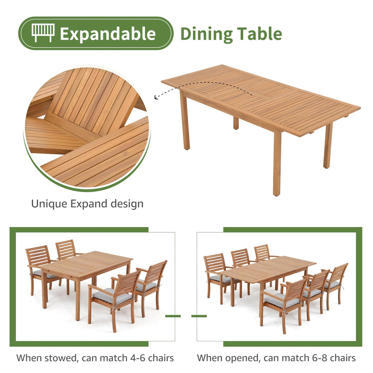 OC Orange-Casual 7 Piece Patio Dining Set, Outdoor Acacia Wood Furniture Set, Extendable Rectangular Table and 6 Stackable Chairs w/Removeable Fabric Cushion, FSC Certified, Light Grey Cushion OC Orange-Casual