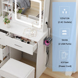 Vanity Desk Set with LED Lighted Mirror & Power Outlet, Makeup Vanity with Chair & 4 Drawers, Vanity Table with Sliding Mirror, Vanity Set 3 Lighting Modes Brightness Adjustable Duoku