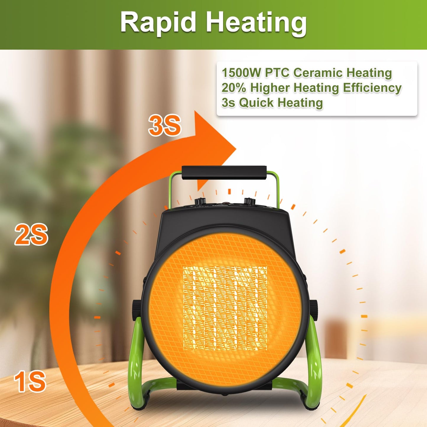 Outdoor Heater - Portable Space Heater, 1500W PTC Ceramic Room Heater with 90°Adjustable Angle, 2S Fast Heating Overheat Protection, Space Heaters for Outdoor, Greenhouse, Bedroom, Flower Room