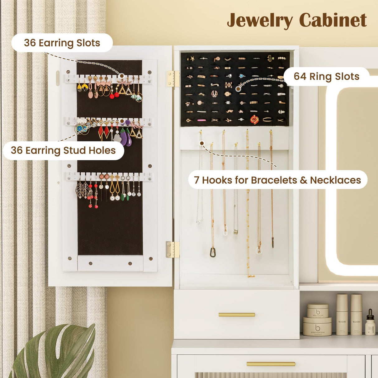 CHARMAID Vanity Desk with Mirror and Lights, White Makeup Vanity Desk with Jewelry Organizer, 4 Drawers, Side Cabinet, Charging Station, 44" Modern Vanity Dressing Table with Stool for Bedroom CHARMAID