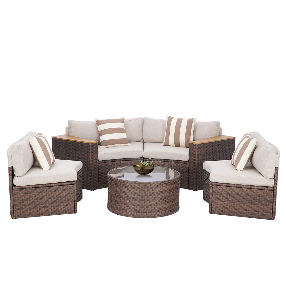 SUNCROWN Outdoor Round Sofa 5-Piece Patio Half-Moon Sectional Sets All Weather Wicker Conversation Furniture with Round Table and Thick Cushion (Light Brown) SUNCROWN