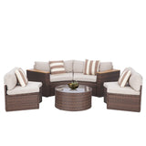 SUNCROWN Outdoor Round Sofa 5-Piece Patio Half-Moon Sectional Sets All Weather Wicker Conversation Furniture with Round Table and Thick Cushion (Light Brown) SUNCROWN