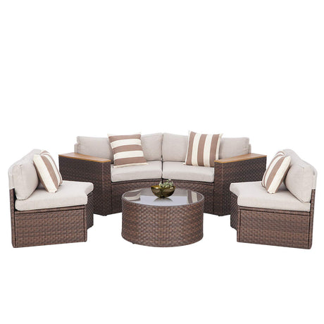 SUNCROWN Outdoor Round Sofa 5-Piece Patio Half-Moon Sectional Sets All Weather Wicker Conversation Furniture with Round Table and Thick Cushion (Light Brown) SUNCROWN