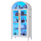 Dystler Arched Kitchen Pantry Cabinet with Glass Doors, Display Curio Case with 3 Color LED Lights for Collectibles, Modern 5-Tier Storage Hutch Cabinet, White Dystler