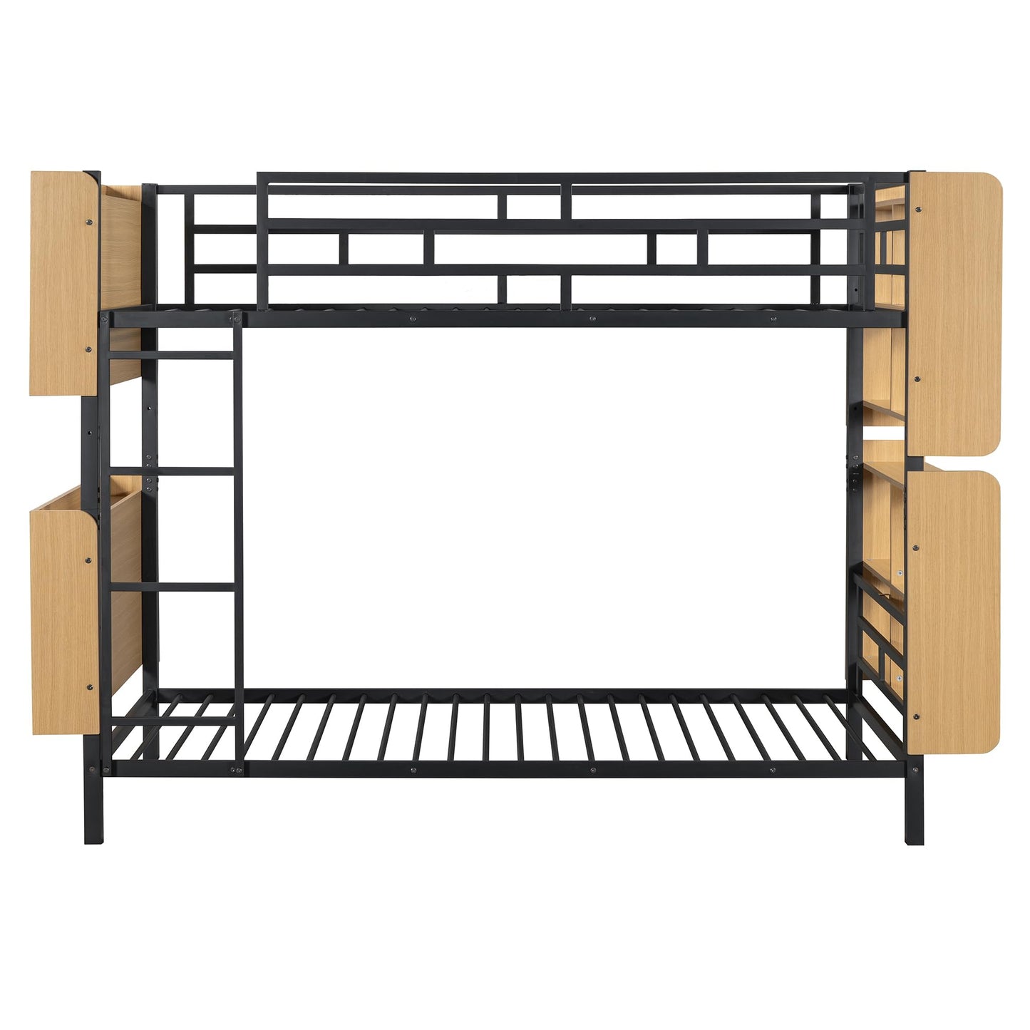 YOPTO Twin Over Twin Size Metal Bunk Bed with Ladder and Full-Length Guardrail,Modern Bunkbeds W/Storage Headboard and Foot Shelving,No Box Spring Needed,2 Assembly Options,for Teens,Bedroom,Black