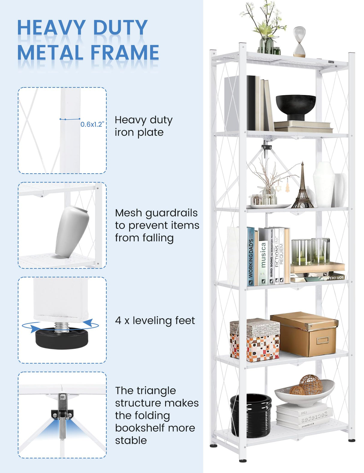 ALANNG 70.7-Inch Folding 6-Tier Metal Bookshelf - Versatile Heavy-Duty Bookcase (White, 2-Pack) ALANNG