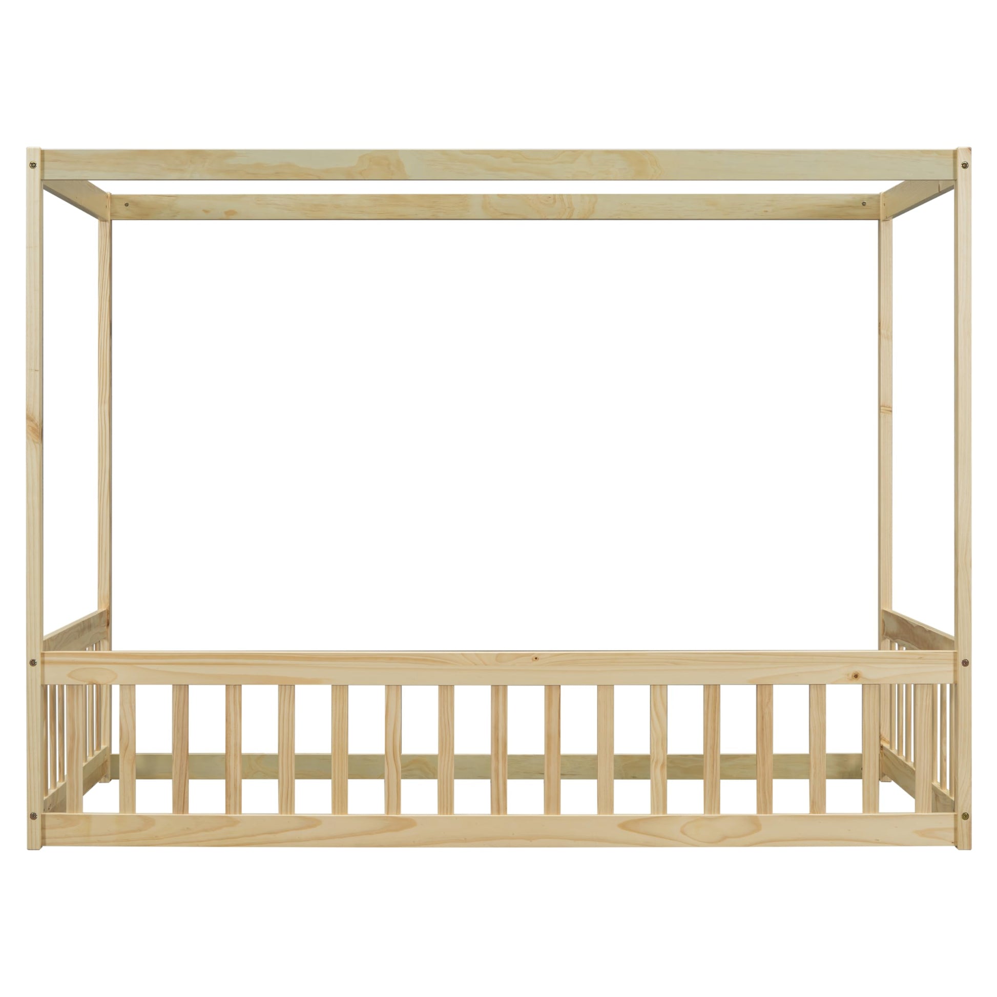 Bellemave Twin Natural Wood Canopy Bed Frame with Safety Guardrails for Kids - WoodArtSupply