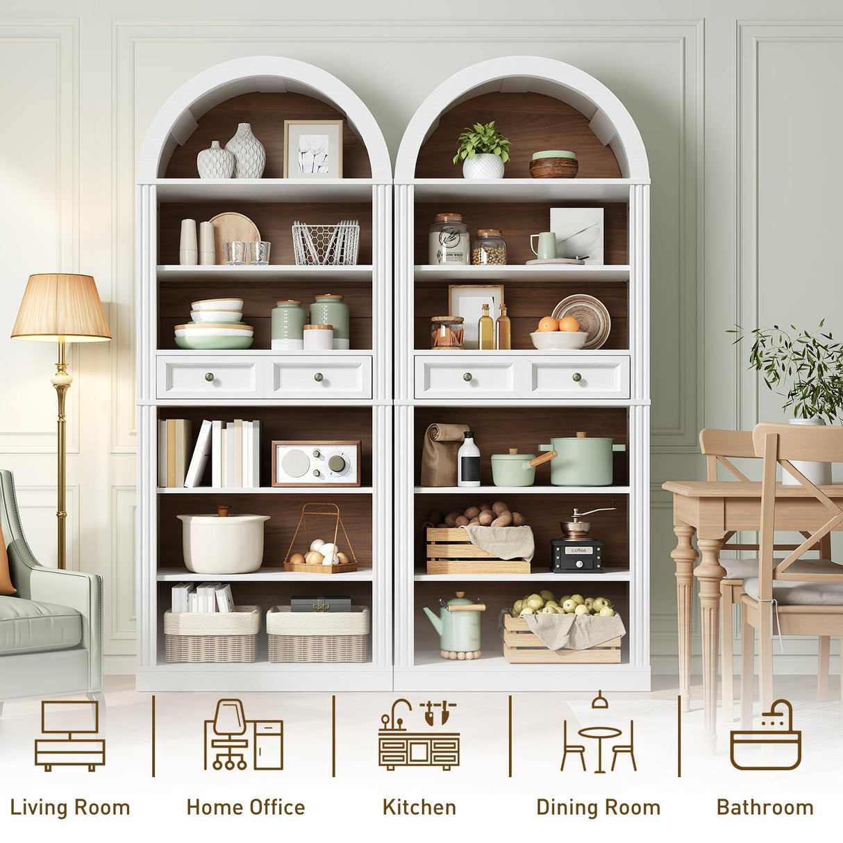 RALGEND Arched Bookshelf, 73" Tall Arch Bookcase with Drawers, 6-Tier Farmhouse Book Shelf, Wooden Bookshelf with Open Display Shelves for Living Room, Office, Adjustable Shelf, Walnut and White RALGEND