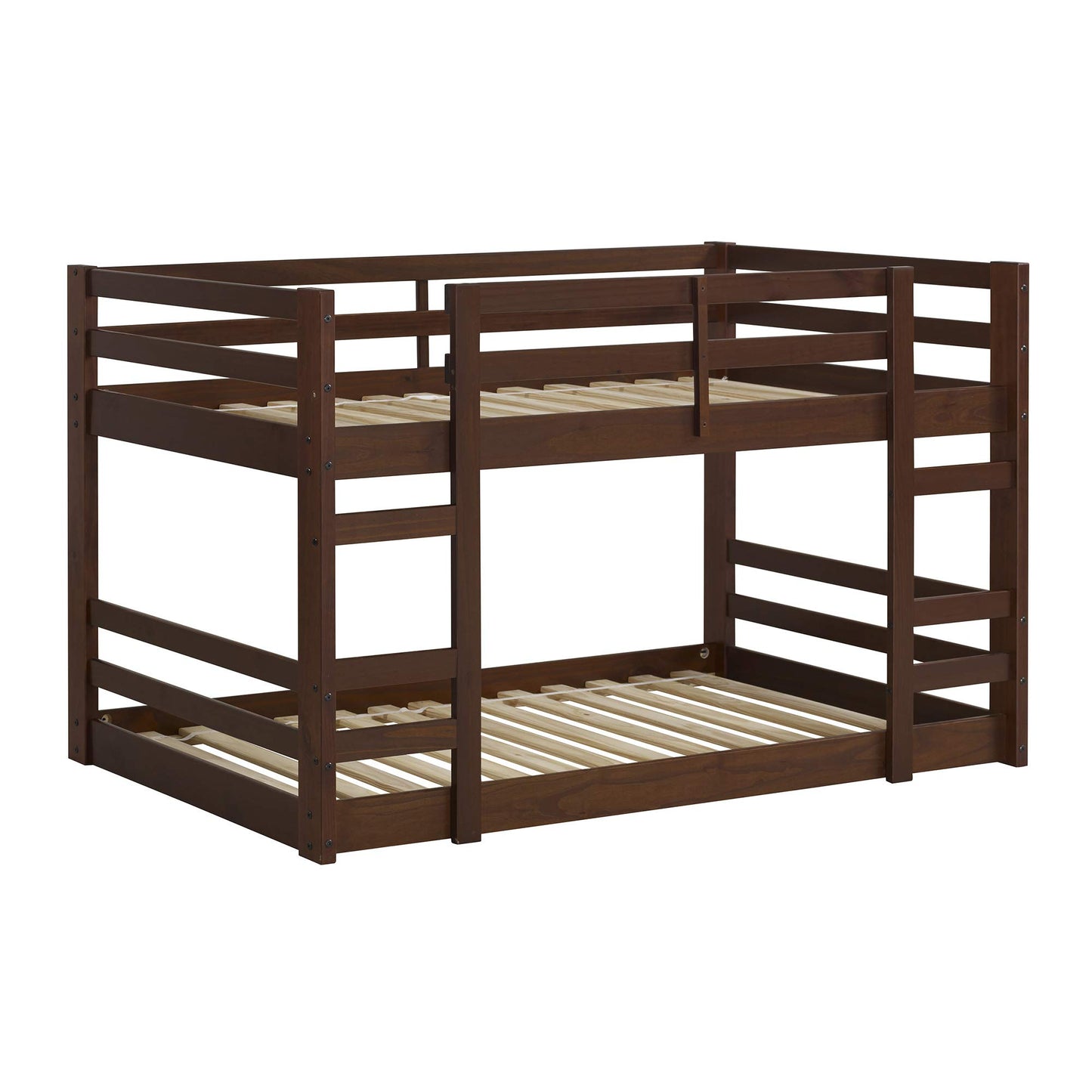 Walker Edison Walnut Solid Wood Twin over Twin Bunk Bed with Integrated Ladder and Guardrails - WoodArtSupply