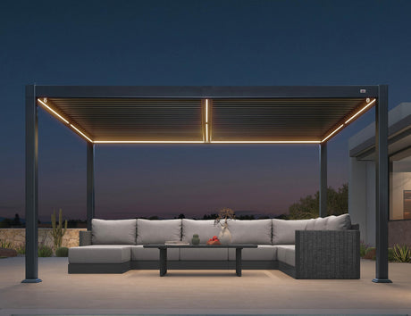 PURPLE LEAF Louvered Pergola 92KS 10' x 14' with Integrated LED Strip Lights Aluminum Outdoor Pergola with Adjustable Louvered Roof for Patio Deck Garden Yard Gray PURPLE LEAF