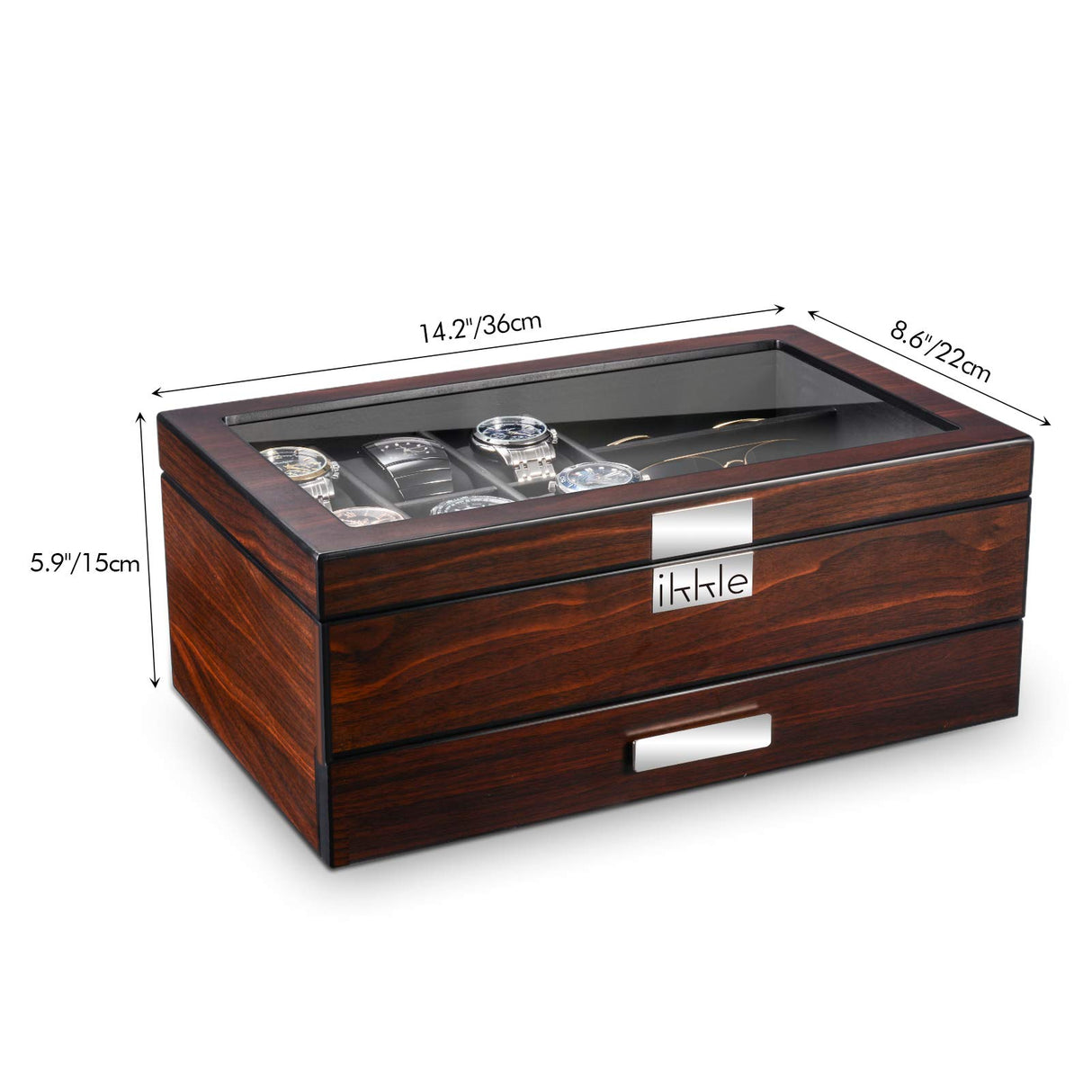 Sunix Watch Box Organizer for Men, Luxury Wood Watch Jewelry Box with Valet Drawer, Glass Cover Watch Display Organizer, Jewelry Organizer for Men Gift Sunix