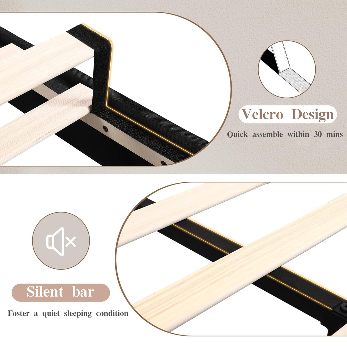 VECELO Queen Bed Frame with Type-C & USB Ports, Upholstered Platform Height-Adjustable Cotton and Linen Headboard, No Box Spring Needed, Noise-Free, Easy Assembly, Beige VECELO