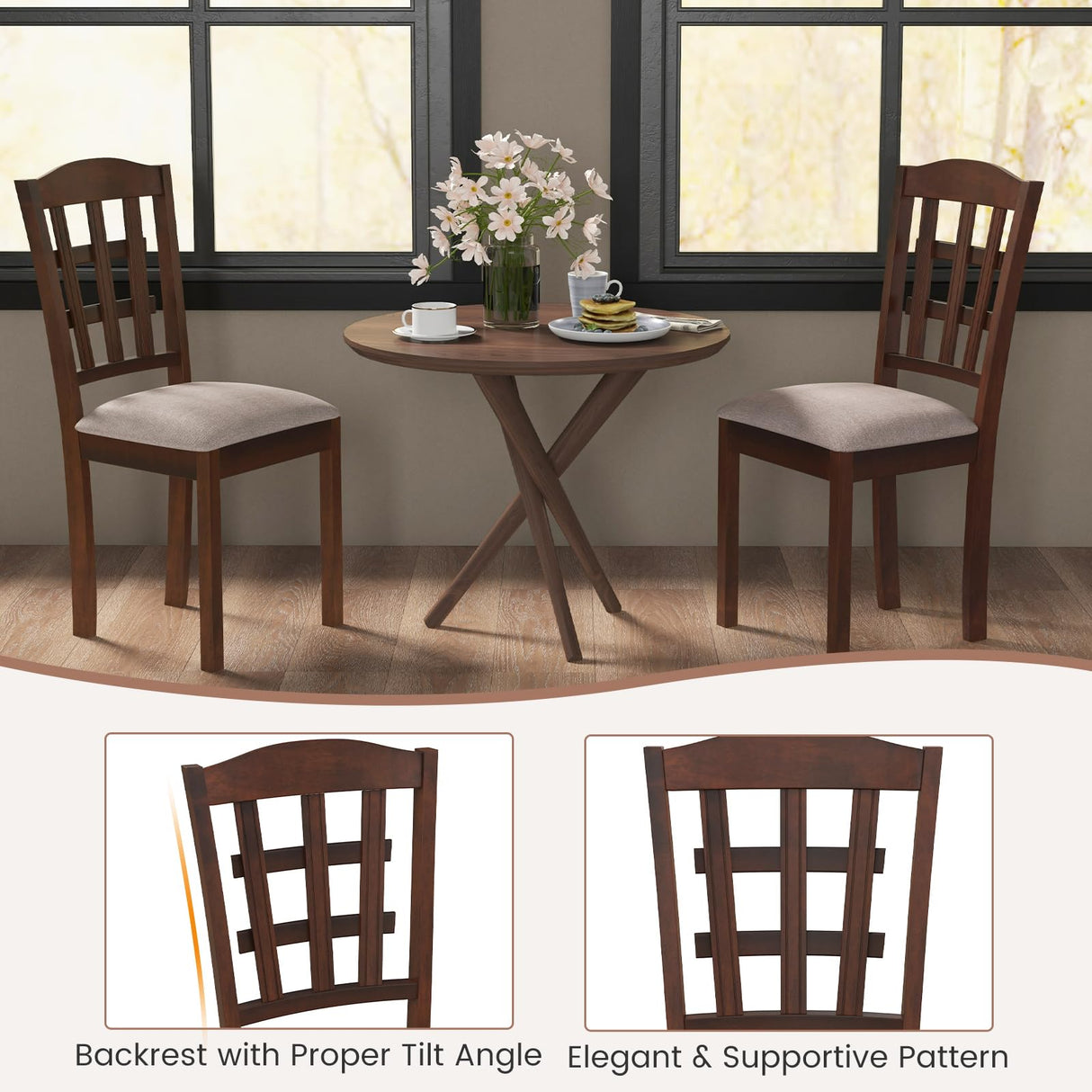 GOFLAME Wooden Dining Chairs Set of 4, Farmhouse Kitchen Side Chairs with Padded Seat & Ergonomic Backrest, Upholstered Dinnete Chairs with Rubber Wood Frame for Dining Room, Restaurant GOFLAME