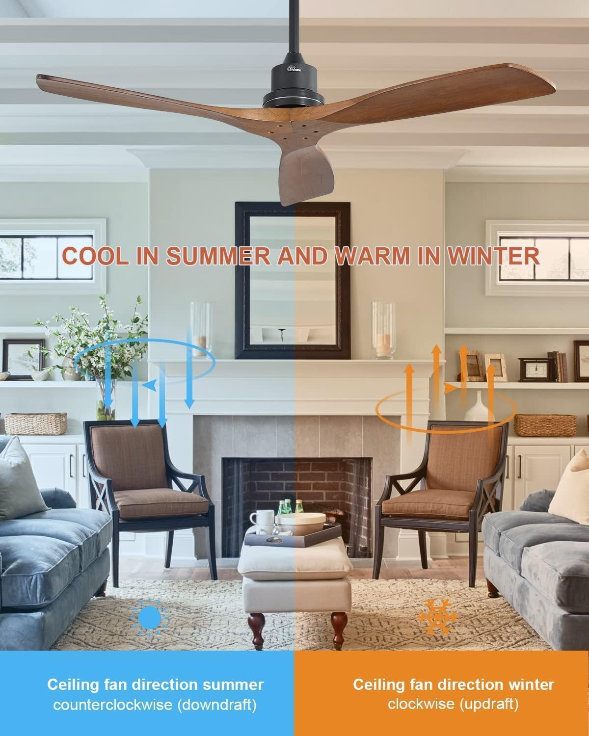 Sofucor 52 Inch Solid Wood Ceiling Fan without Light 3 Blades Ceiling Fan No Light with Remote, 6 Speeds with Reversible DC Motor for Living Room Bedroom Patio With Cover Sofucor