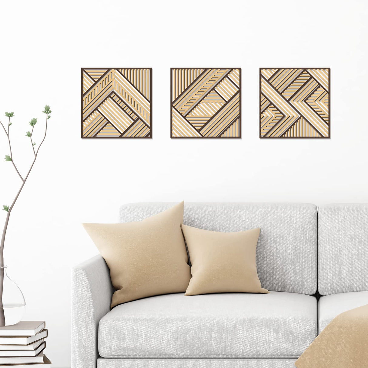 Tatuo 3 Pcs Geometric Wood Wall Art, Modern Slatted Wood Design Wall Decor, Hanging Abstract Panels Wall Decor with 3D Hollow Craft Art for Home Office Kitchen Living Room Bathroom (Simple Geometry) Tatuo
