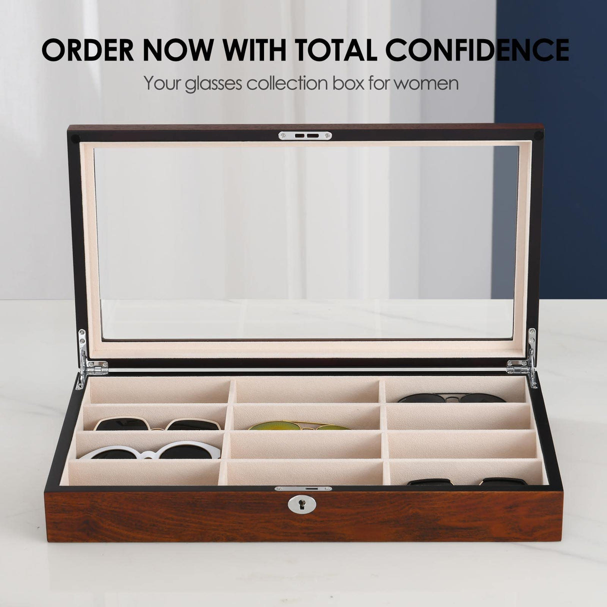 SYENS Wood 12 Slots Sunglasses Organizer Box, Eyeglasses Storage Display Case -Top Glass Window and Key Lockable Holder Sunglasses Case (GB12-RC) SYENS