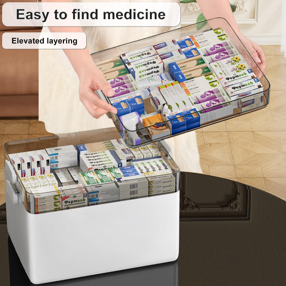 CTIME 3-Tier Medicine Organizer - Portable Medicine Cabinet with Leather Handle, Empty First Aid Kit for Home CTIME