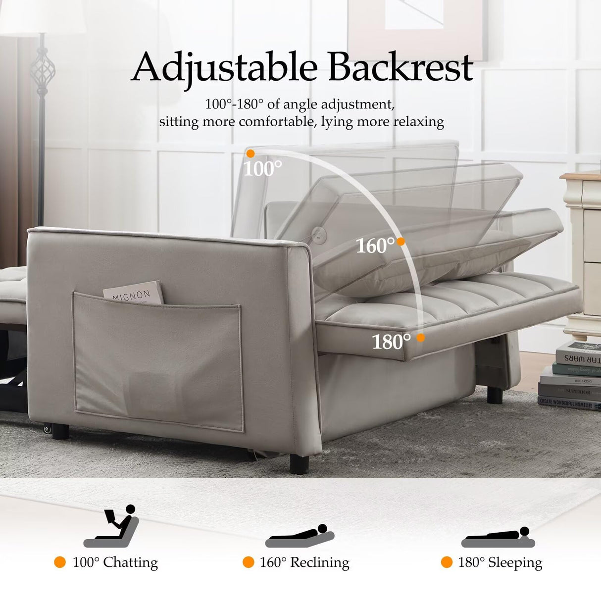 POYISOU Modern 3 in 1 Convertible Sleeper Sofa Couch Bed with USB, Adjustable Backrest Velvet Pull Out Sofa Bed, Loveseat Sleeper Couch, Couches for Living Room, Bedroom, Apartment, Light Grey POYISOU