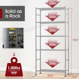 Sakugi Storage Shelves - 5 Tier Shelf Organizer, Heavy Duty Garage Shelving Unit with Leveling Feet, Stable Metal Shelves Organizer for Pantry, Kitchen and Closet, 33.0" W x 12.6" D x 72.0" H, Silver Sakugi