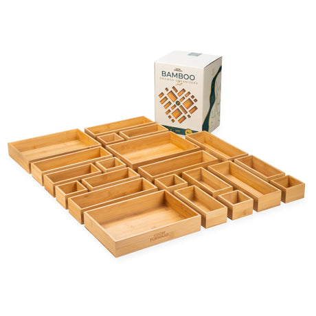 Grow Forward 21-Piece Bamboo Bathroom Drawer Organizer Trays - Wood Junk Drawer Organizers for Kitchen, Office, Vanity, Desk, Nightstand - Nesting Storage & Organization Boxes in 4 Assorted Sizes Grow Forward
