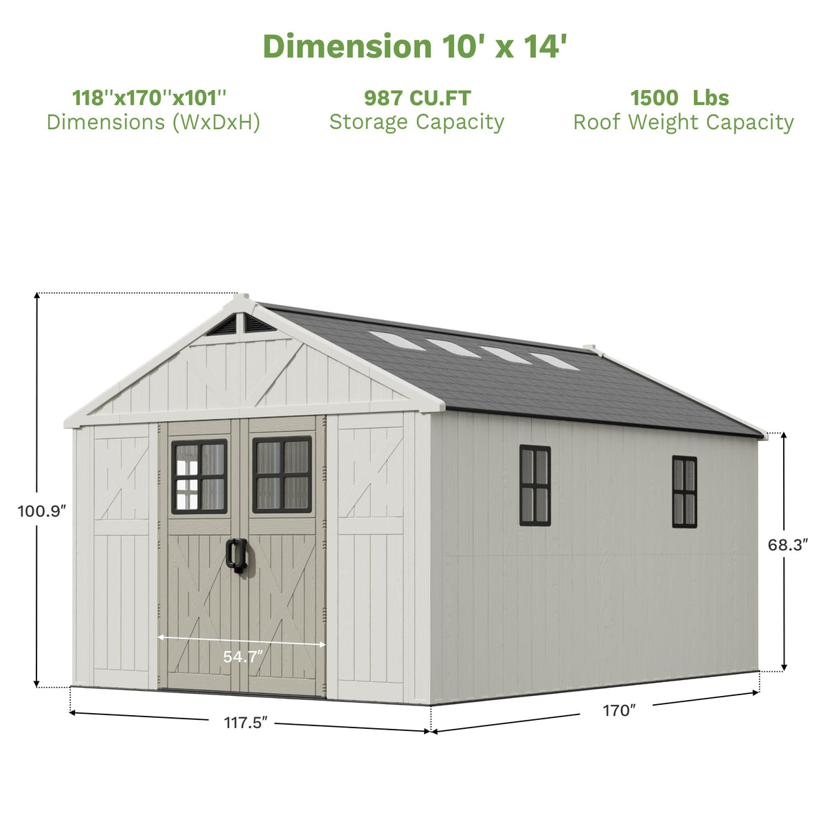 Patiowell 10 x 14 FT Outdoor Storage Shed, Plastic Shed with Floor and Skylight, Resin Storage Shed with Four-Window and Lockable Door for Garden, Patio, Backyard, Beige Patiowell