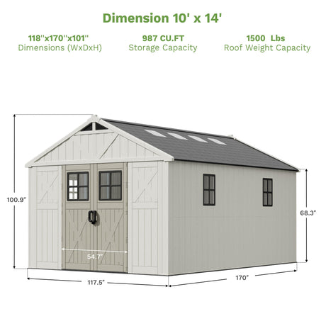 Patiowell 10 x 14 FT Outdoor Storage Shed, Plastic Shed with Floor and Skylight, Resin Storage Shed with Four-Window and Lockable Door for Garden, Patio, Backyard, Beige Patiowell
