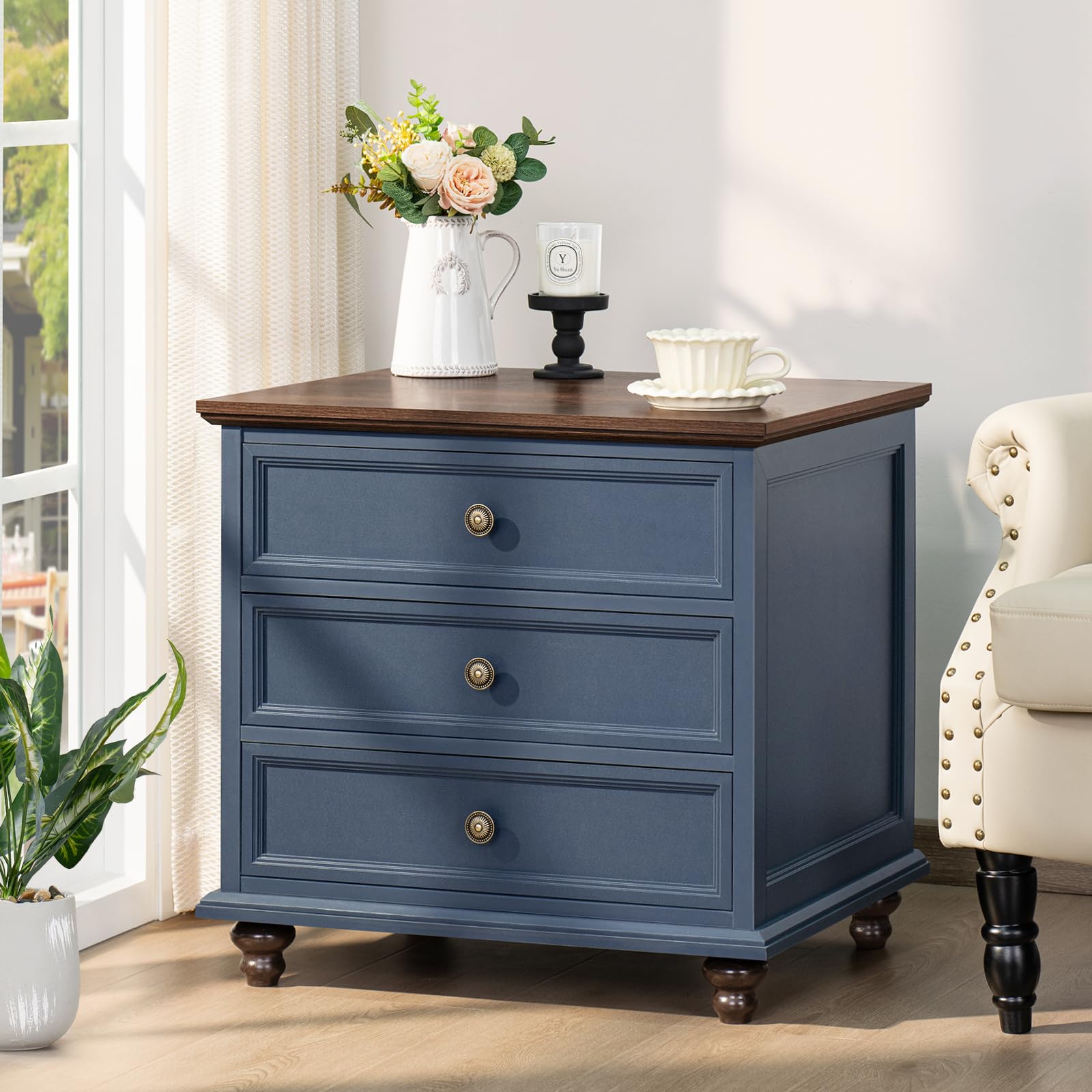 Joaxswe 24" Wide Farmhouse Night Stand Set of 2,Large End Table with 3 Drawers & Metal Handle,Blue Dresser for Bedroom,Bed Side Table Chest of Drawers Cabinet,Wood Nightstand for Living Room, - WoodArtSupply