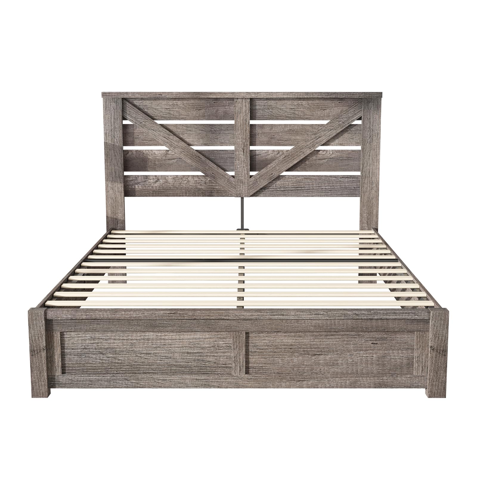 AMERLIFE Rustic Gray Farmhouse Bed Frame with Barn Door Headboard and Under-Bed Storage - WoodArtSupply