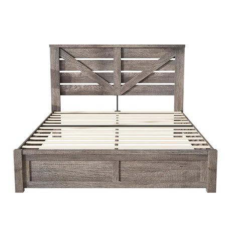 AMERLIFE Queen Size Farmhouse Bed Frame with 49.2" Barn Door Headboard, Platform Bed Frame with Wood Slats, Under Bed Storage Space, Easy Assembly, Noisy Free, Rustic Gray AMERLIFE