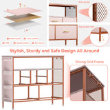 YILQQPER Dresser for Bedroom TV Stand with Power Outlets and LED Light, 6 Drawers Dresser with Side Pockets & Hooks, Wide Dresser with Shelves for 45" TV, Fabric Chest of Drawers with PU Finish, Pink YILQQPER