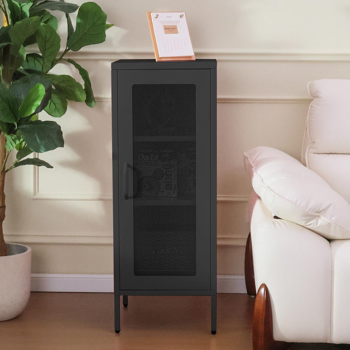 Slim Metal Storage Cabinet with Mesh Doors - 42'' Tall Narrow Organizer Tower, Compact Freestanding Cabinet, Versatile Utility Storage for Home, Office, Bedroom, or Kitchen, Durable and Modern Design ALBAD