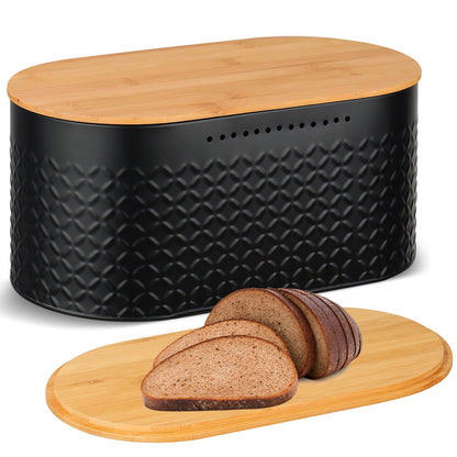 Hossejoy Metal Bread Box with Reversible Bamboo Cutting Lid, Bread Storage Container for Kitchen Countertop, Modern Bread Bin Holder Breadbox (Black) - WoodArtSupply