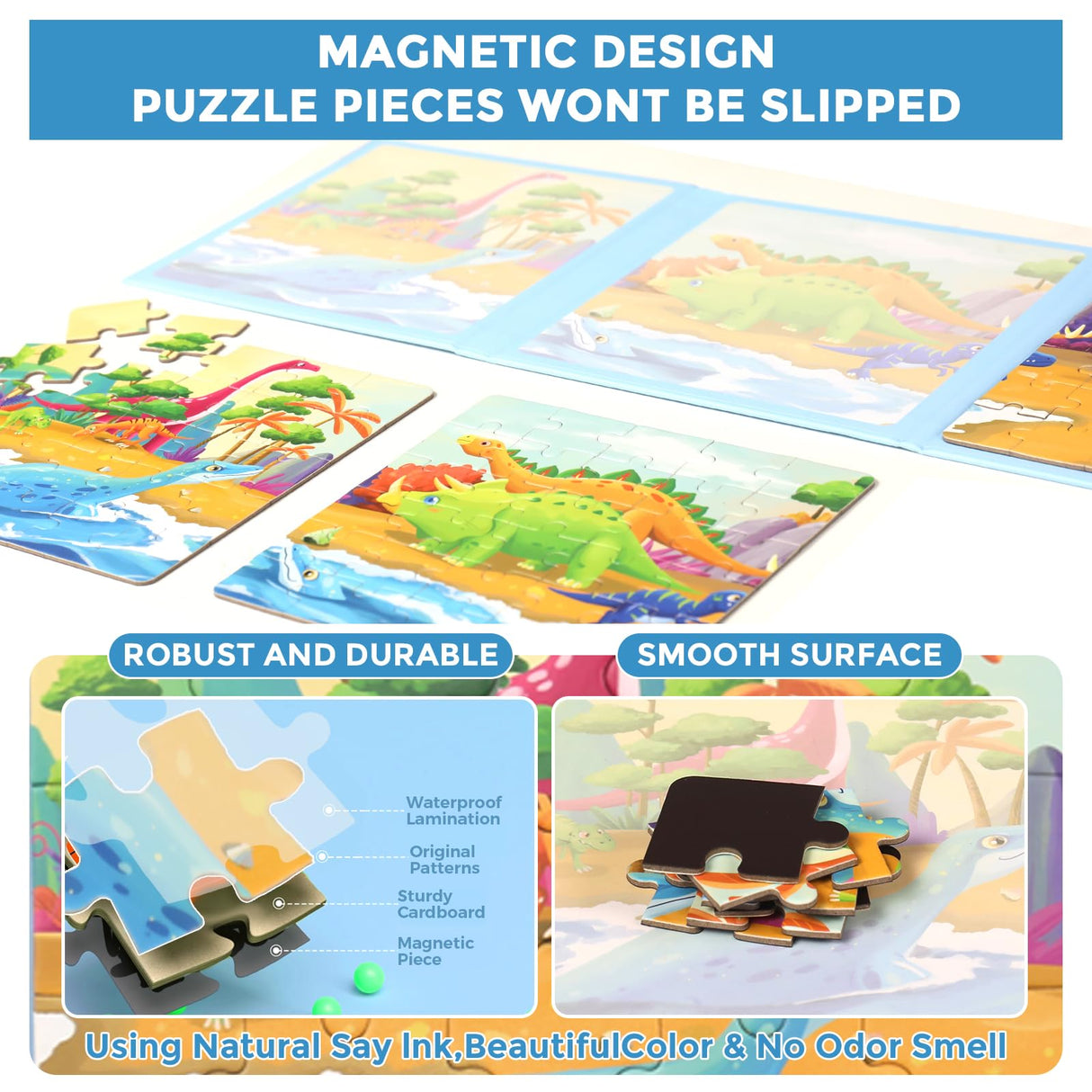 Magnetic Puzzles for Kids Ages 4-8, 3 in 1 Dinosaurs Magnet Jigsaw Puzzle Book, Kids Travel Puzzles Toys, Preschool Learning Toy for Kids 3-8 Year (Dinosaurs) EREBADI
