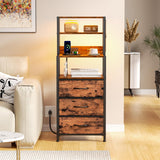 Furnulem Night Stand, Tall Nightstand with 4-Tier Shelves and 3 Fabric Drawers, LED Bed Side Tables with Charging Station, Bedside Table for Bedroom, Hallway, Office, Rustic Brown Furnulem