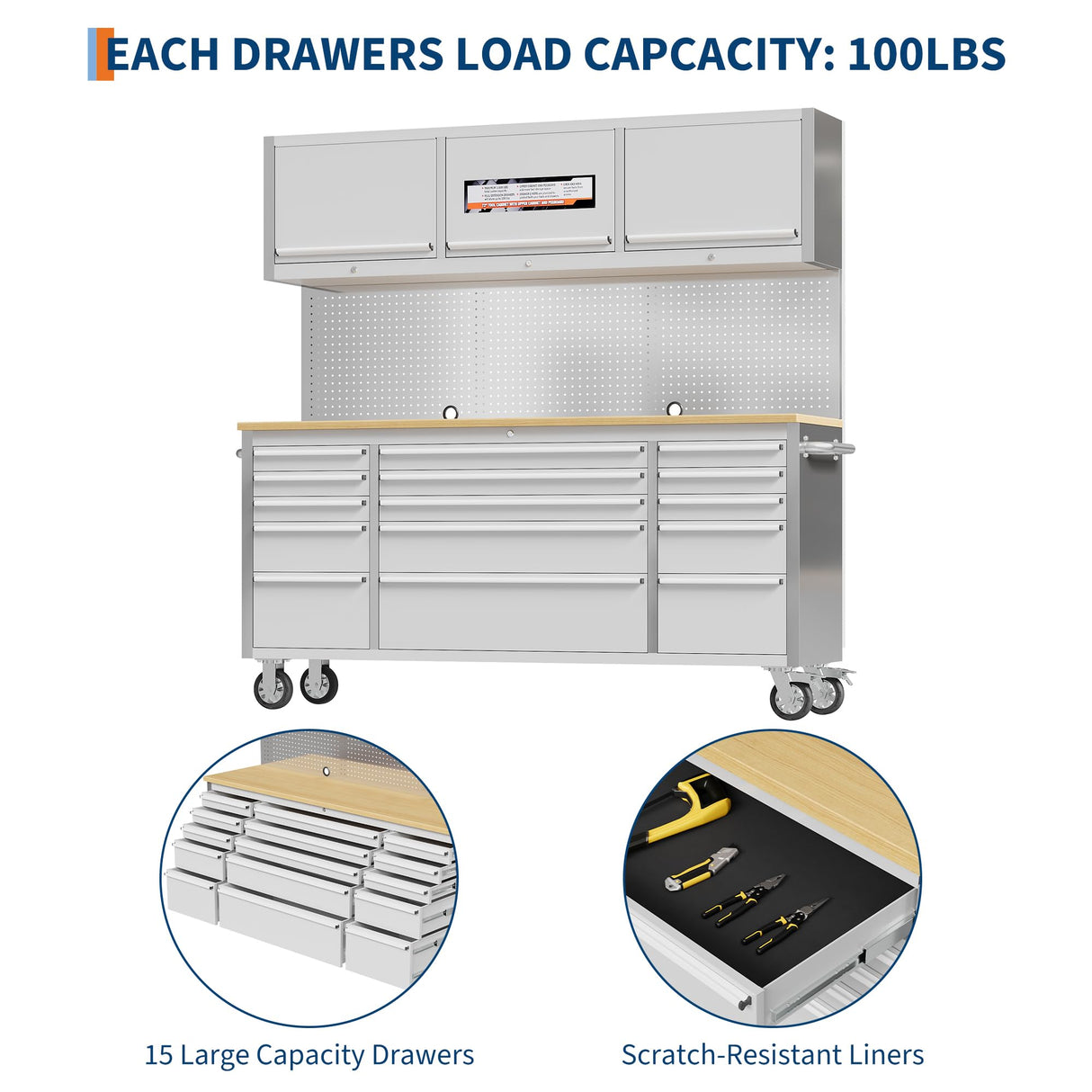 72 inch Rolling Tool Chest, Garage Workbench with 15 Drawers, Solid Rubber Wood Top & with Wheels Lock Key Locking, Mobile Workstation Tool Cabinet for Workshop Storage IDEALHOUSE
