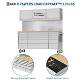 72 inch Rolling Tool Chest, Garage Workbench with 15 Drawers, Solid Rubber Wood Top & with Wheels Lock Key Locking, Mobile Workstation Tool Cabinet for Workshop Storage IDEALHOUSE