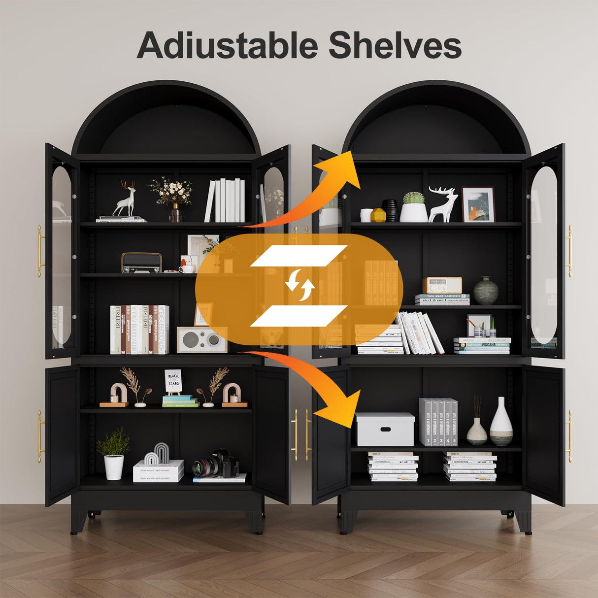 erosoei 73" H Metal Tall Arched Kitchen Pantry Cabinet, Modern Farmhouse China Storage Cabinets with Glass Door and Adjustable Shelves, Versatile Cupboard for Kitchen, Dining Room, Bathroom (Black) erosoei