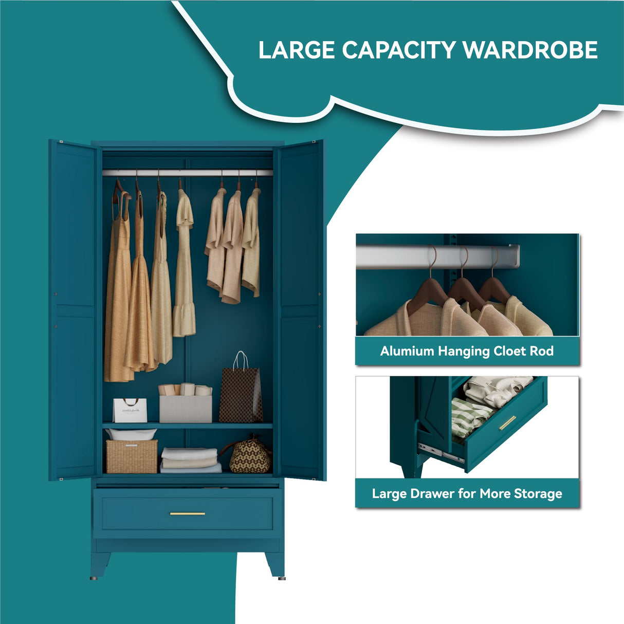 Blue Metal Wardrobe Cabinet for Bedroom, 71" Tall Freestanding Closet System with Drawer and Shelf, Hanging Rod Clothing Organizer with Two Doors, Farmhouse Steel Wardrobe Bedroom Armoires Bevivog