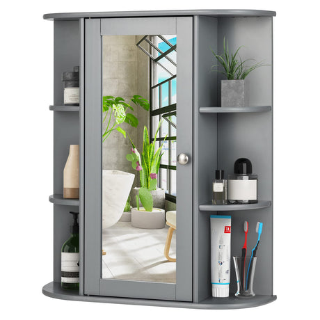 COSTWAY Wall Mounted Bathroom Cabinet - Storage Organizer with Mirror Door, Adjustable Shelves & 6 Open Racks, Space-Saving Hanging Medicine Cabinet for Living Room Kitchen Entryway (Gray) COSTWAY