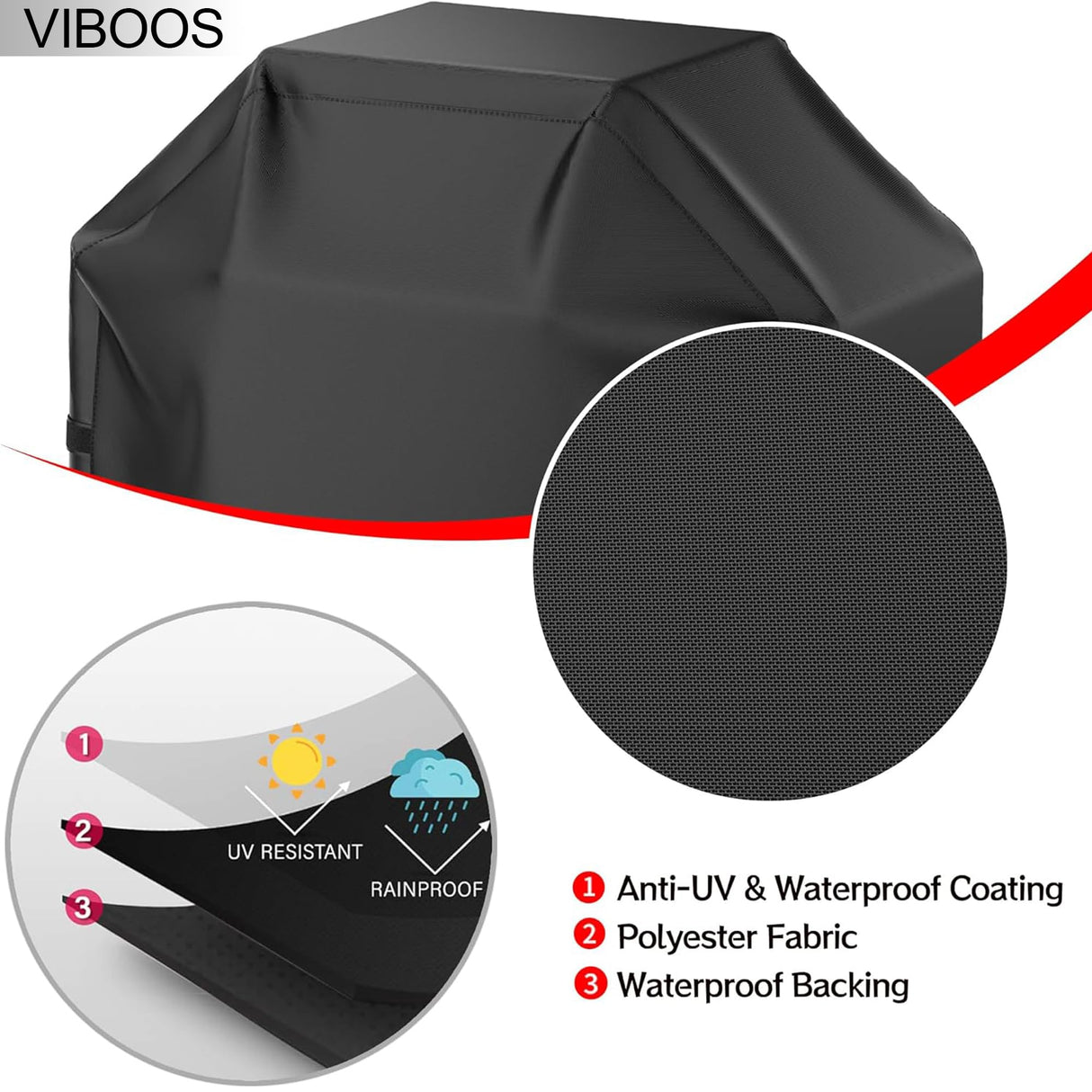Grill Cover, 58 inch BBQ Gas Grill Cover for Outdoor Grill, Waterproof, Anti-UV, Rip-Proof, Fade Resistant Material, Barbecue Cover with Hook-and-Loop Straps & Adjustable Hem Drawstring, Black VIBOOS