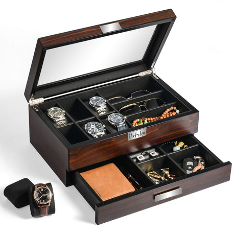 Sunix Watch Box Organizer for Men, Luxury Wood Watch Jewelry Box with Valet Drawer, Glass Cover Watch Display Organizer, Jewelry Organizer for Men Gift Sunix
