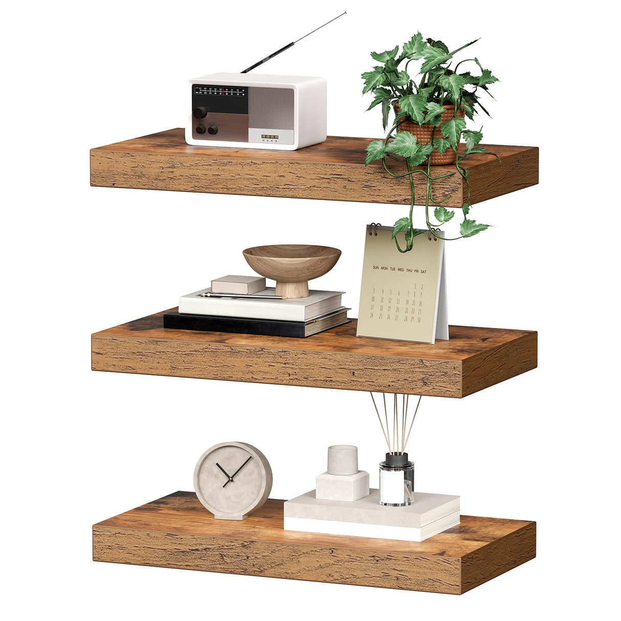 RALGEND Floating Shelves for Wall, 1.5" Thick Wall Shelf Set of 3 with Invisible Brackets, 15.7L x 7.9W Hanging Shelves Farmhouse Home Decor for Bathroom, Living Room, Bedroom, Kitchen, Rustic Brown RALGEND