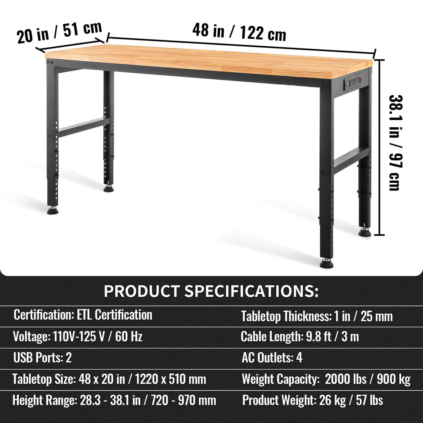 Adjustable Height Workbench with 2000 LBS Load Capacity, Power Outlets, Hardwood Top - Ideal for Garage, Office, and Home - WoodArtSupply