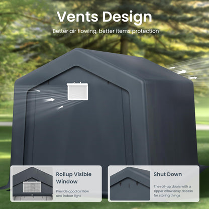 PHI VILLA 8'x12'x7.3' Outdoor Portable Storage Shelter Shed Garage with 2 Roll up Zipper Doors & Vents Carport for Motorcycle Bike Waterproof and UV Resistant Anti-Snow Portable Garage Kit Tent, Gray