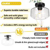 Industrial Semi Flush Mount Ceiling Light, 800 Lumen LED Bulb Included, Seeded Glass Shade Farmhouse Light Fixture for Hallway Corridor Kitchen Bathroom Bedroom Passway Lynnoland